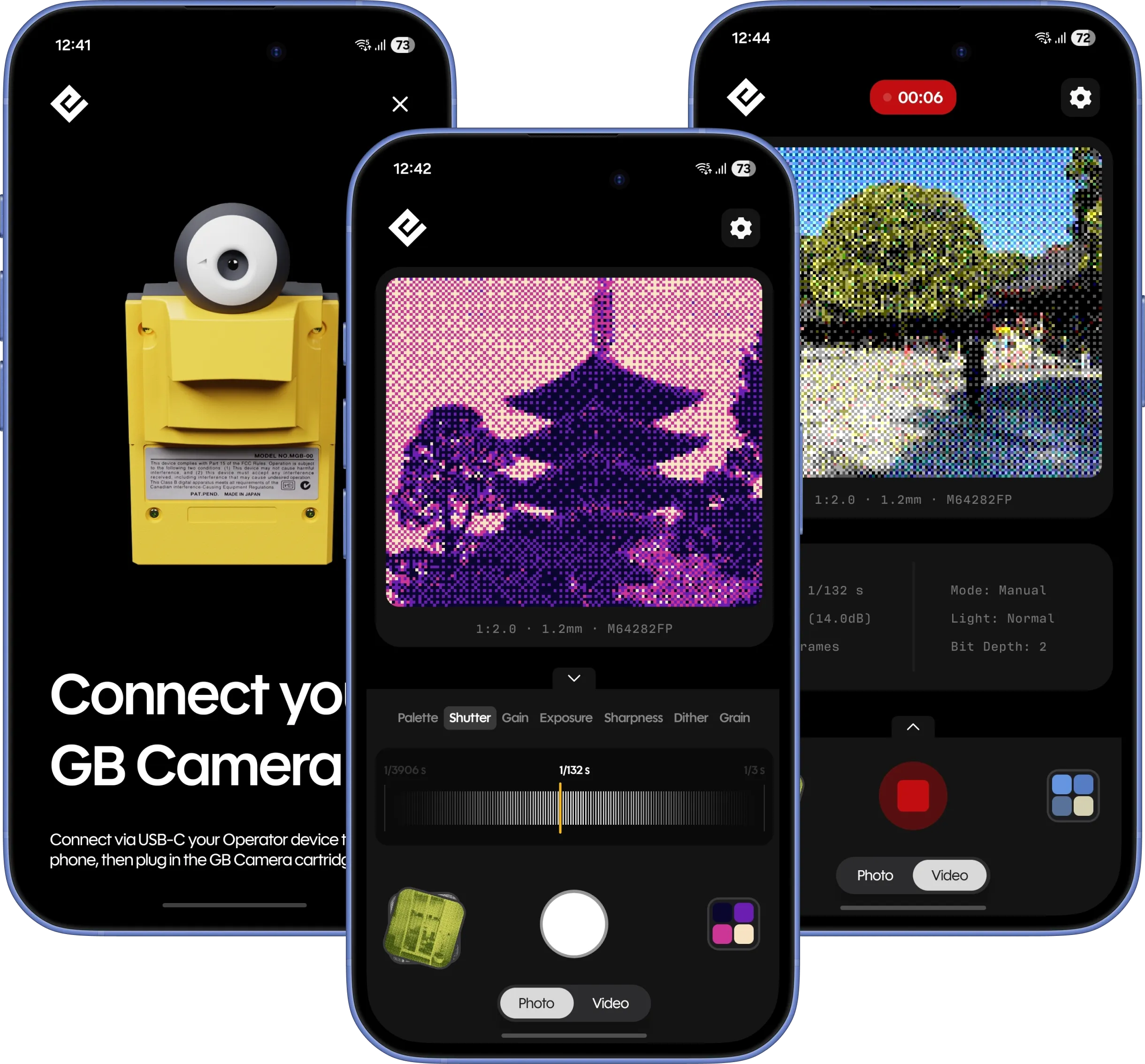 Flashback on three phones: connecting the GB Operator and Game Boy Camera, the viewfinder with palette and shutter controls, and recording video