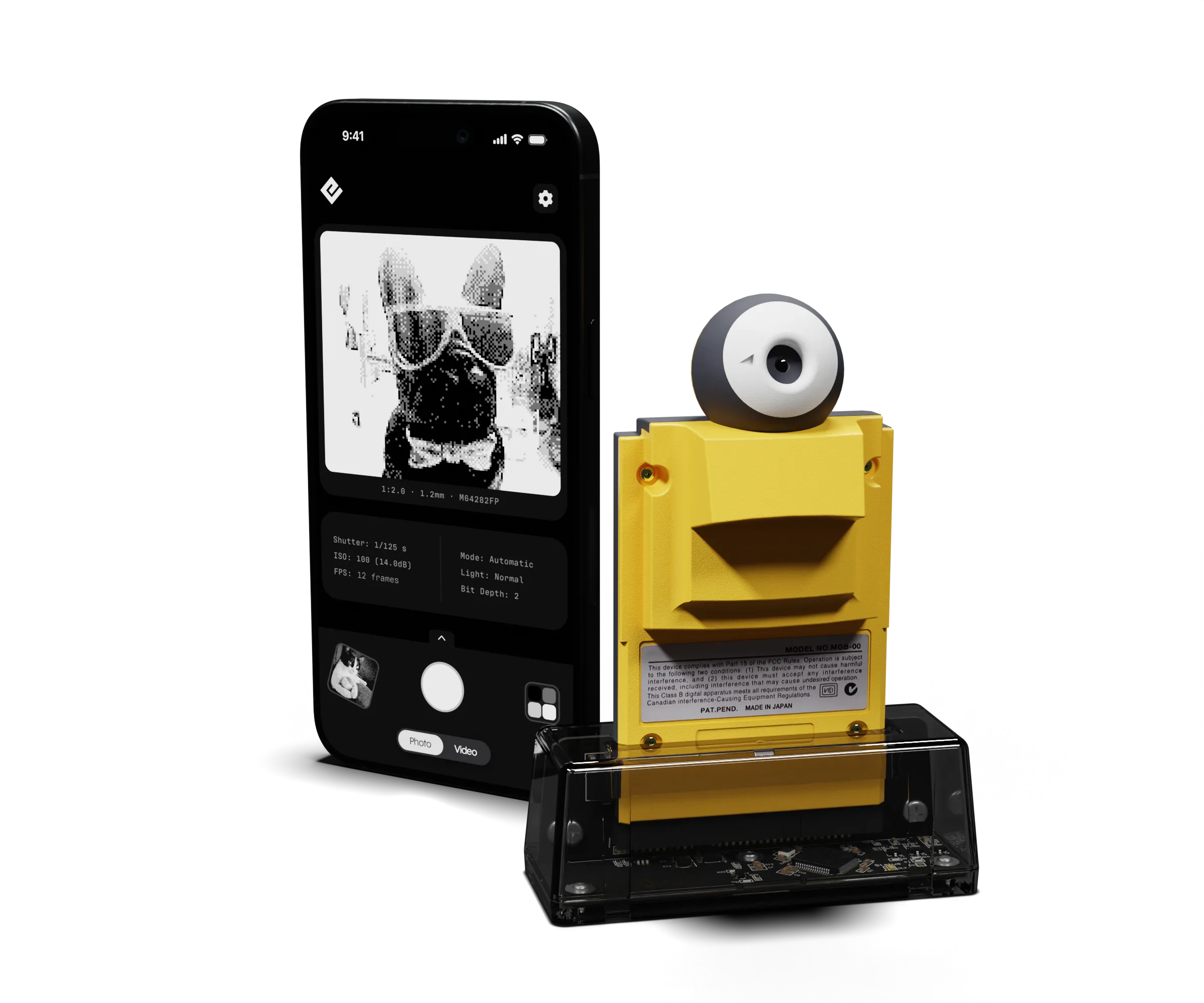 Flashback running on an iPhone next to a GB Operator with a yellow Game Boy Camera