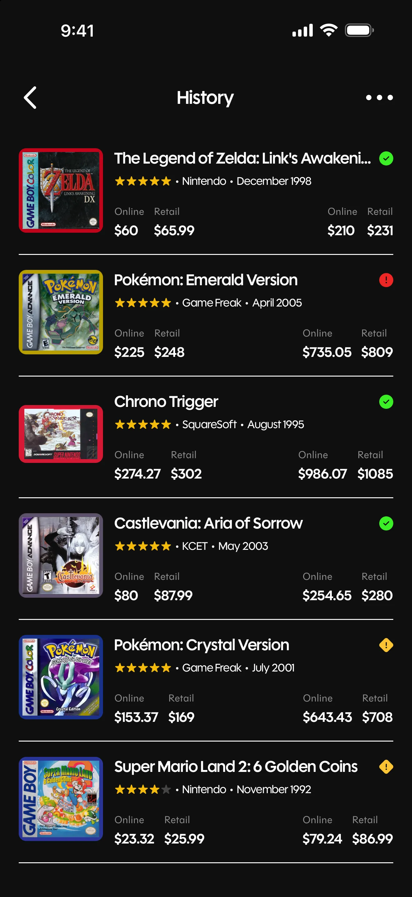 Retrace history listing six scanned cartridges with their results and prices