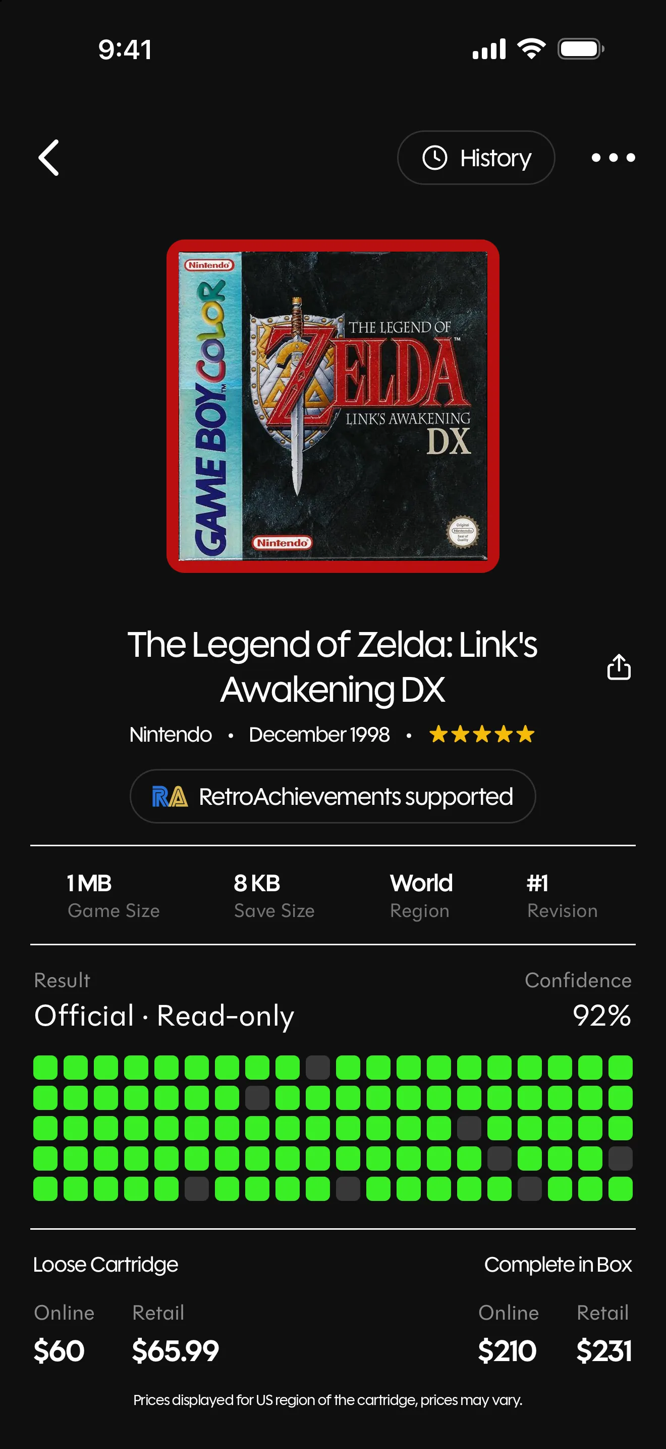 Retrace result for The Legend of Zelda: Link's Awakening DX, official and read-only at 92% confidence