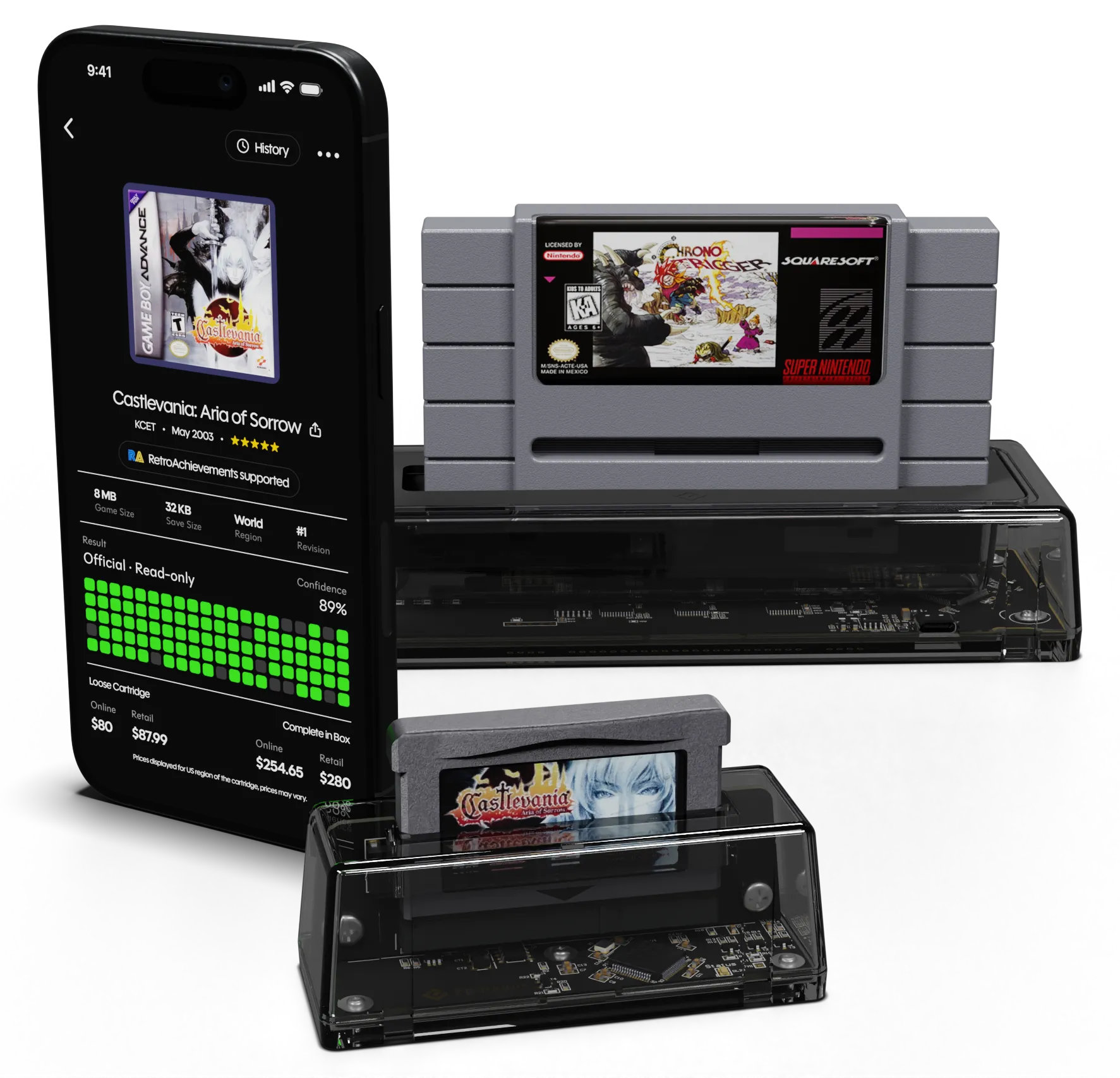 Retrace on an iPhone showing Castlevania: Aria of Sorrow, next to a GB Operator with the cartridge inserted