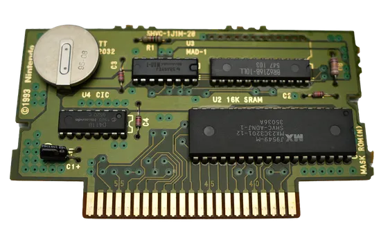 SNES® cartridge circuit board with save battery highlighted