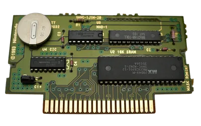 SNES® cartridge circuit board with save battery highlighted