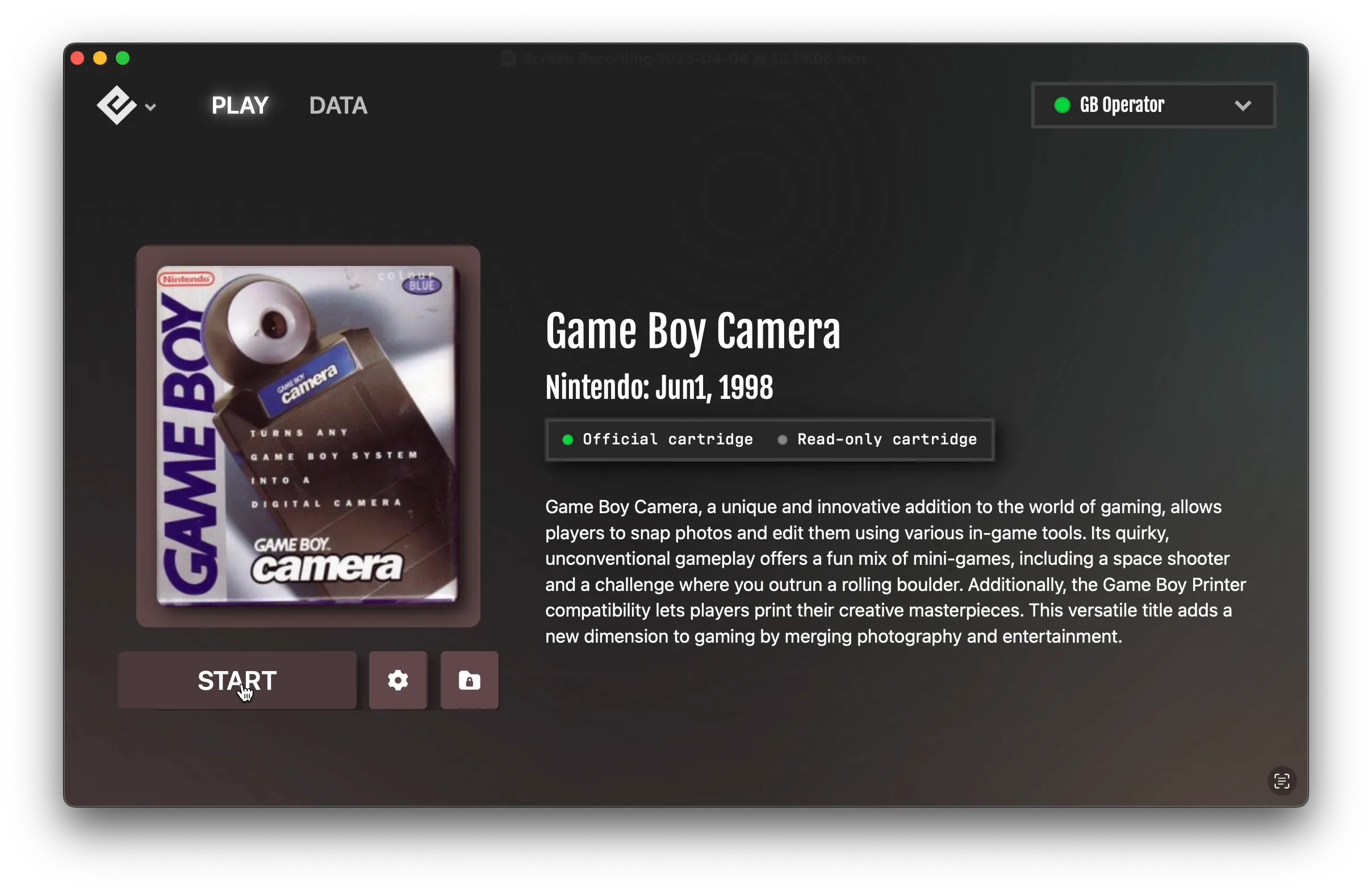 Starting the Game Boy Camera game